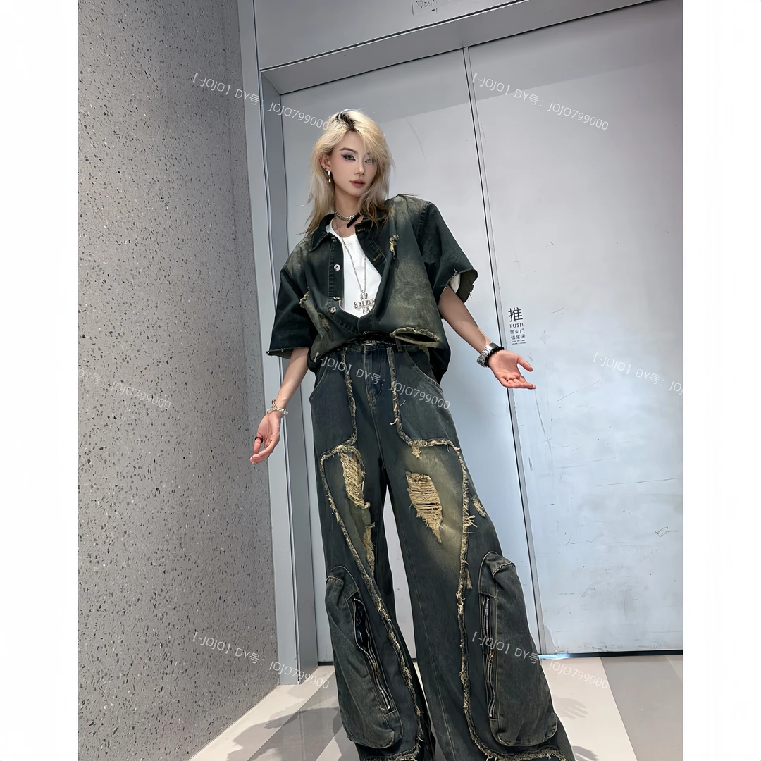 小众破洞工装牛仔衬衫搭复古做旧解构流苏大口袋设计感牛仔裤套装