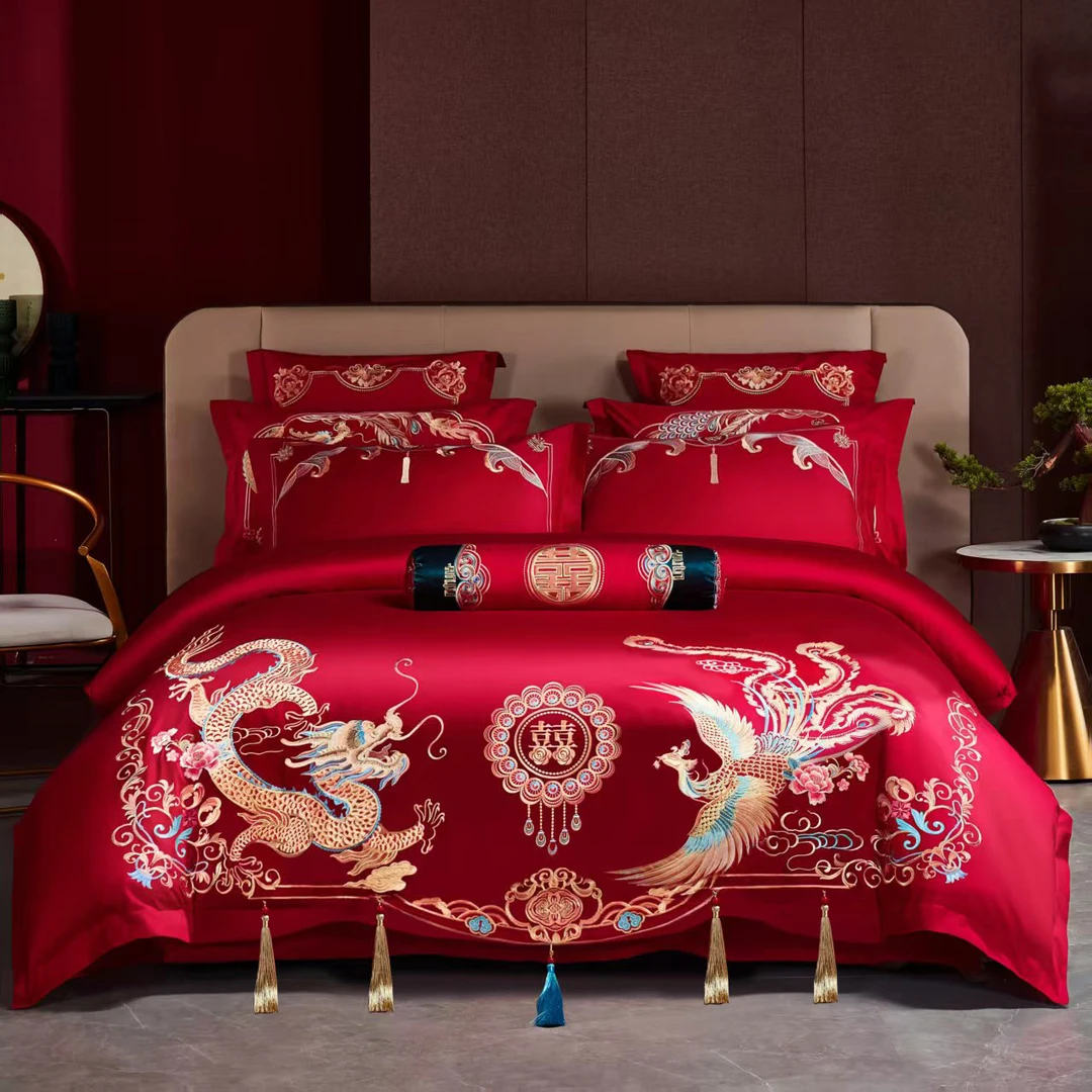 UK婚庆【美人龙凤】大红色龙凤款刺绣四件套结婚床上用品婚庆