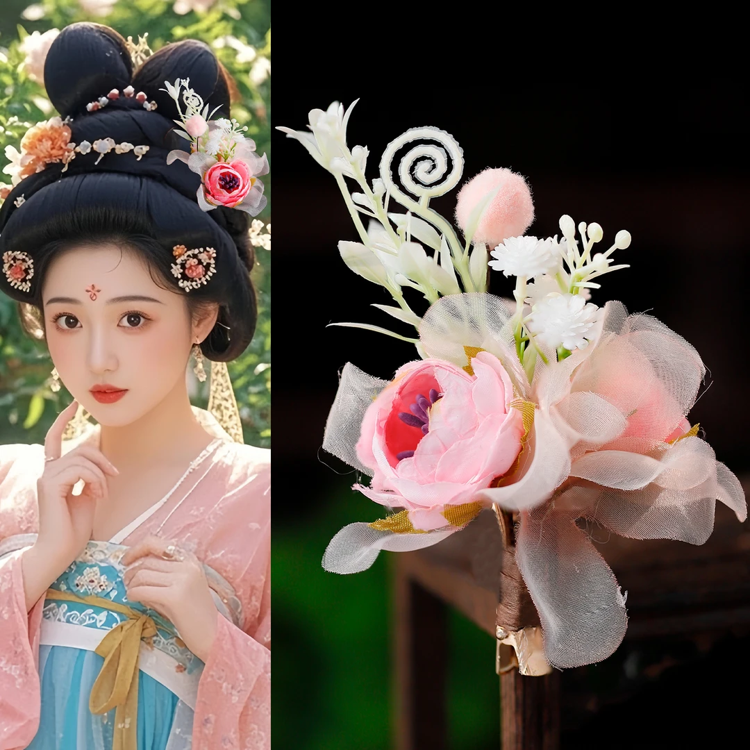 古风汉服花朵发夹复古气质甜美头花夹子古装头饰百搭唐风绢花边夹