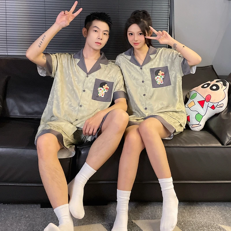 蜡笔小新冰丝睡衣情侣夏季薄款短袖短裤一男一女加肥家居服套装