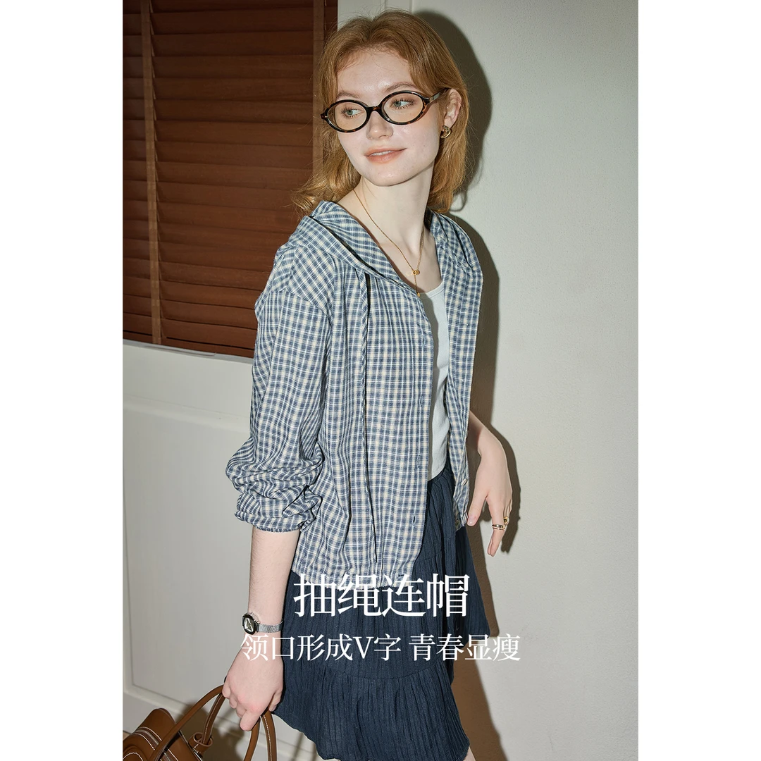 库恩玛维美式蓝色格子长袖衬衫女2025年早秋新款韩版百搭连帽上衣