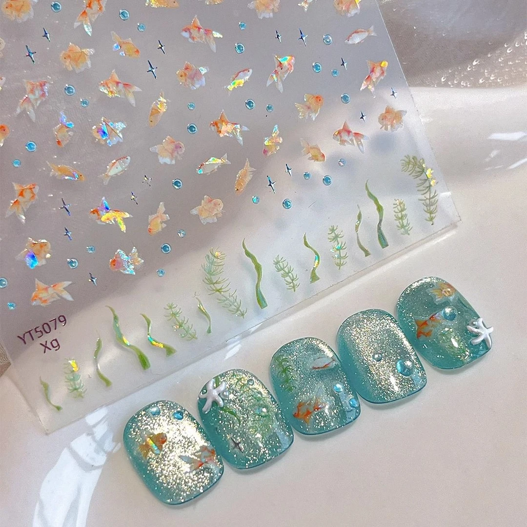 夏日海洋风泡泡幻彩金鱼浮雕美甲贴纸穿戴甲美甲饰品防水指甲贴纸