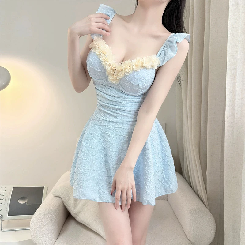 纯欲少女士风连体泳衣女士高级感小胸聚拢泳衣泡温泉遮肚显瘦海边