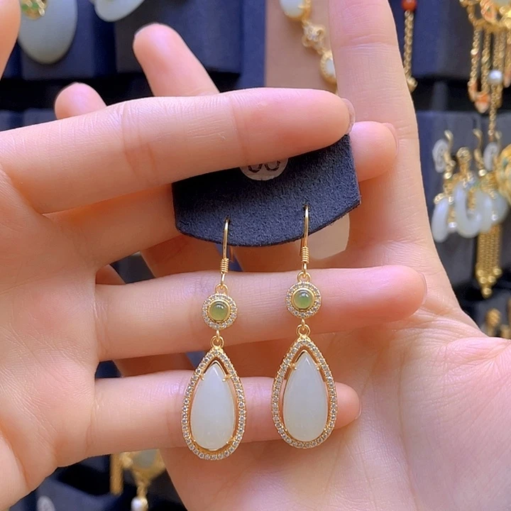 和田玉银S925镀金镶嵌耳饰