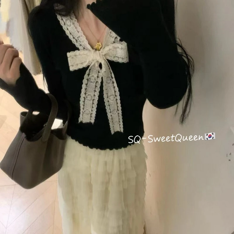 大码胖MM韩系设计感V领蕾丝拼接长袖T恤女秋冬修身显瘦高级感上衣