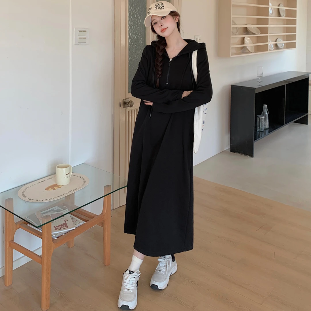 大码春秋显瘦连帽卫衣连衣裙女长款裙子胖妹妹宽松遮肉内搭打底裙