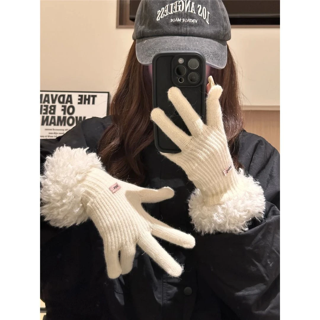 毛毛边手套女冬季2023新款韩版加厚保暖毛线针织分指手套可触屏潮