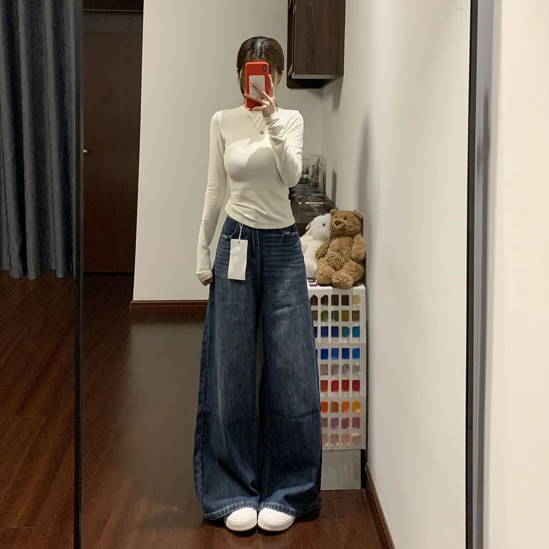 美式水洗做旧弯刀牛仔裤女秋季宽松阔腿直筒显瘦拖地梧桐镰刀裤子