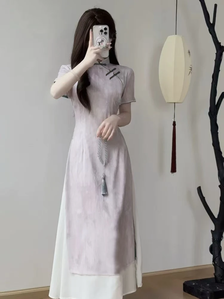 0564 浅紫色 晕染 蓝一字扣 奥戴 高腰 旗袍