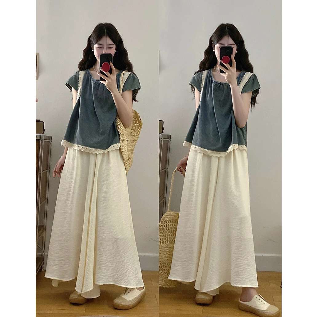 大码套装2025夏装复古蕾丝拼接牛仔短袖上衣+阔腿裤裙两件套