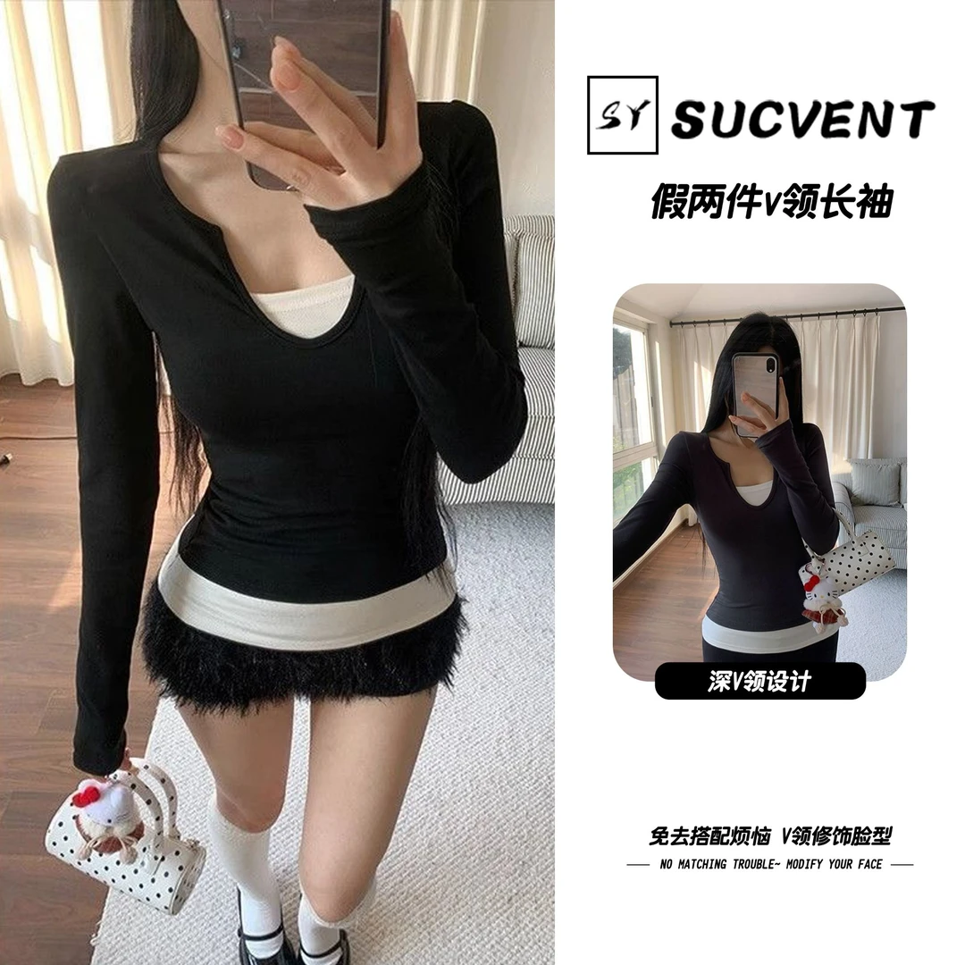 2025秋季设计感小众撞色拼接修身显瘦辣妹短上衣美式假两件T恤女