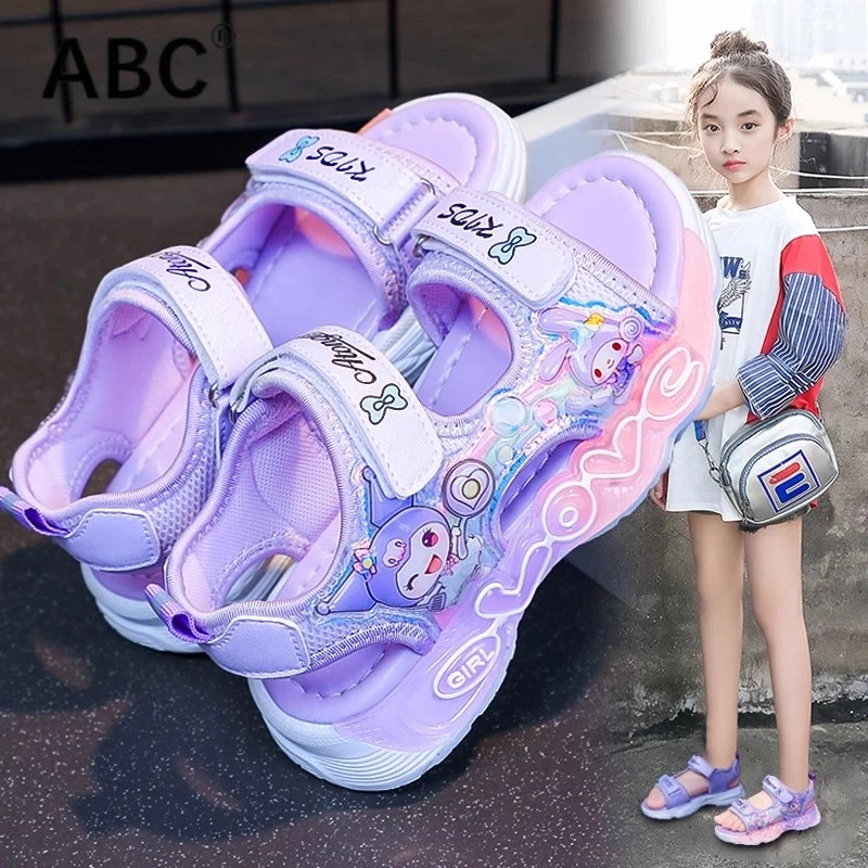 ABC库洛米女童凉鞋夏款2025新款儿童公主凉拖女孩发光亮灯沙滩鞋