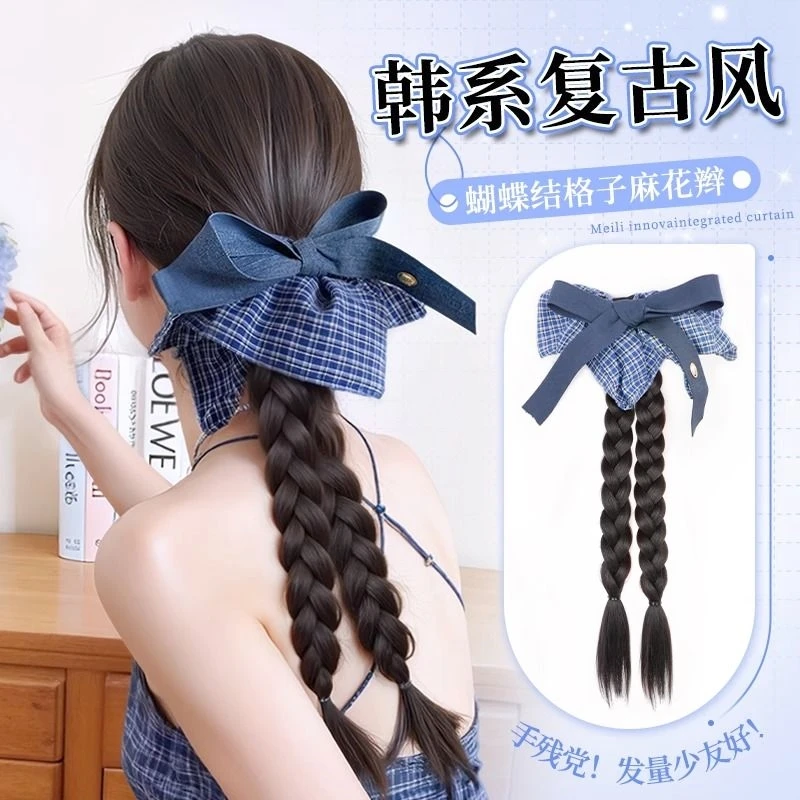 假发辫子抓夹马尾辫韩系蝴蝶结抓夹麻花辫假发发饰新中式假发马尾