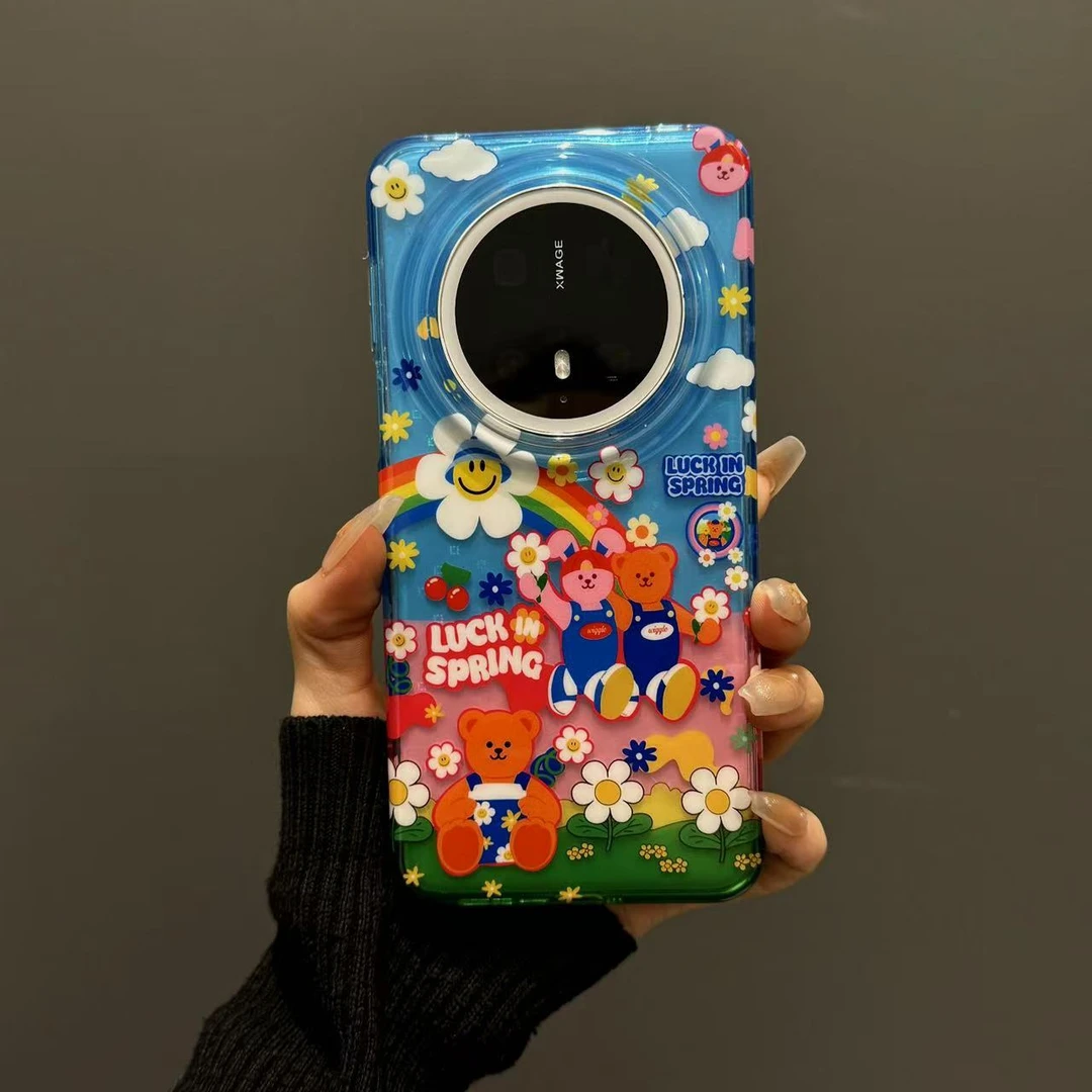 适用华为mate60/70pro+手机壳卡通蓝粉渐变太阳花小熊兔子pura70