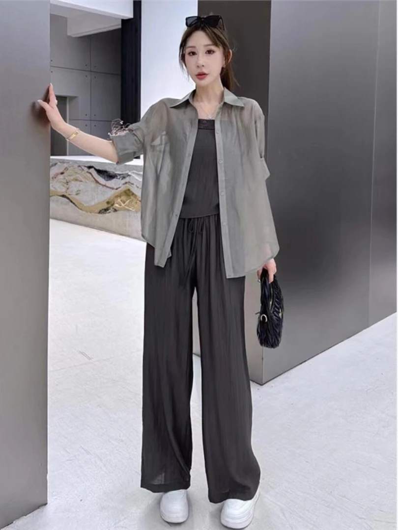 A4833时尚防晒套装女夏新款洋气显瘦薄款衬衫吊带阔腿裤三件套潮