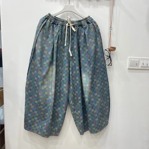 477欧货七彩格牛仔印花大版八分裤女