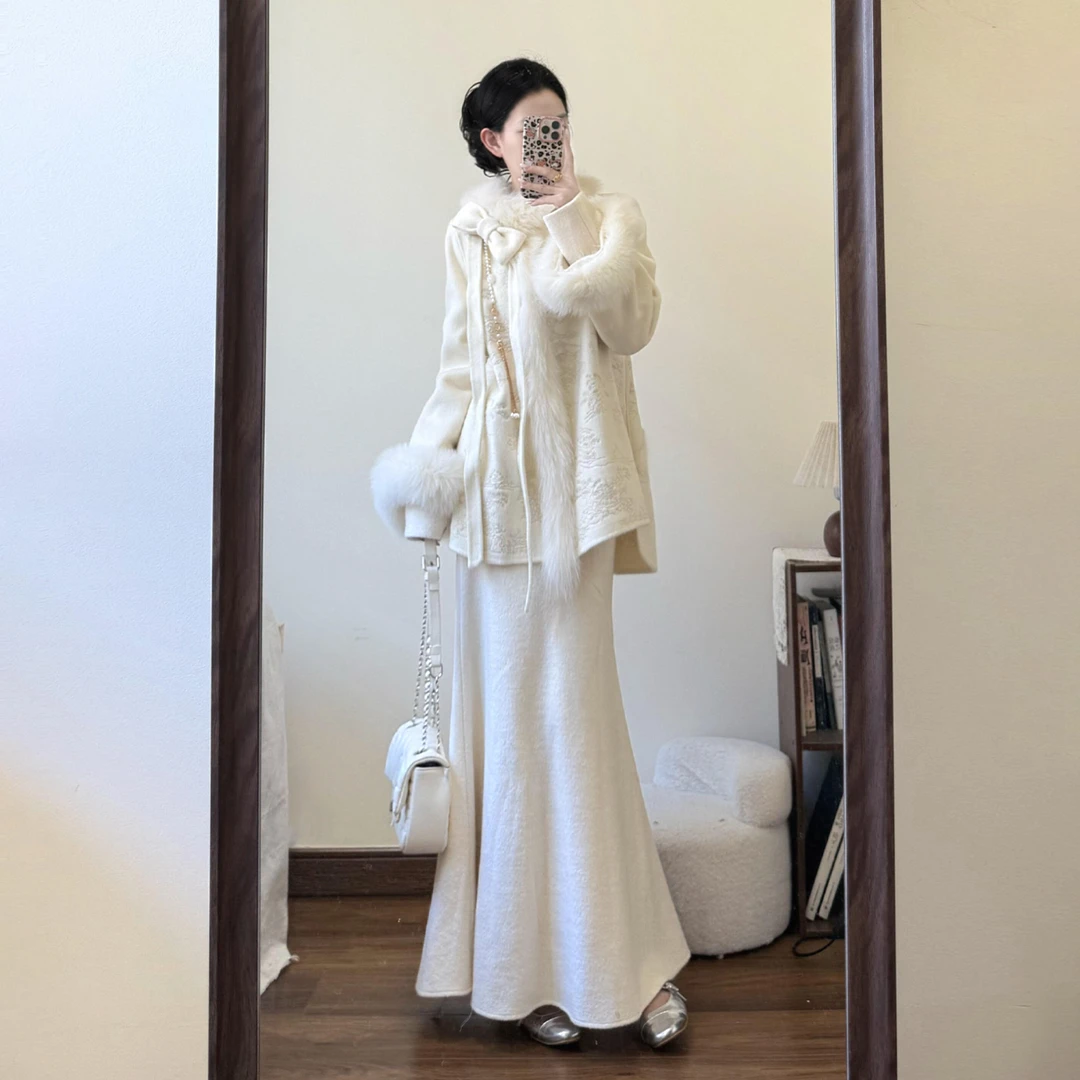 2025秋冬新款千金小香风毛领呢子外套女搭配连衣裙气质减龄两件套