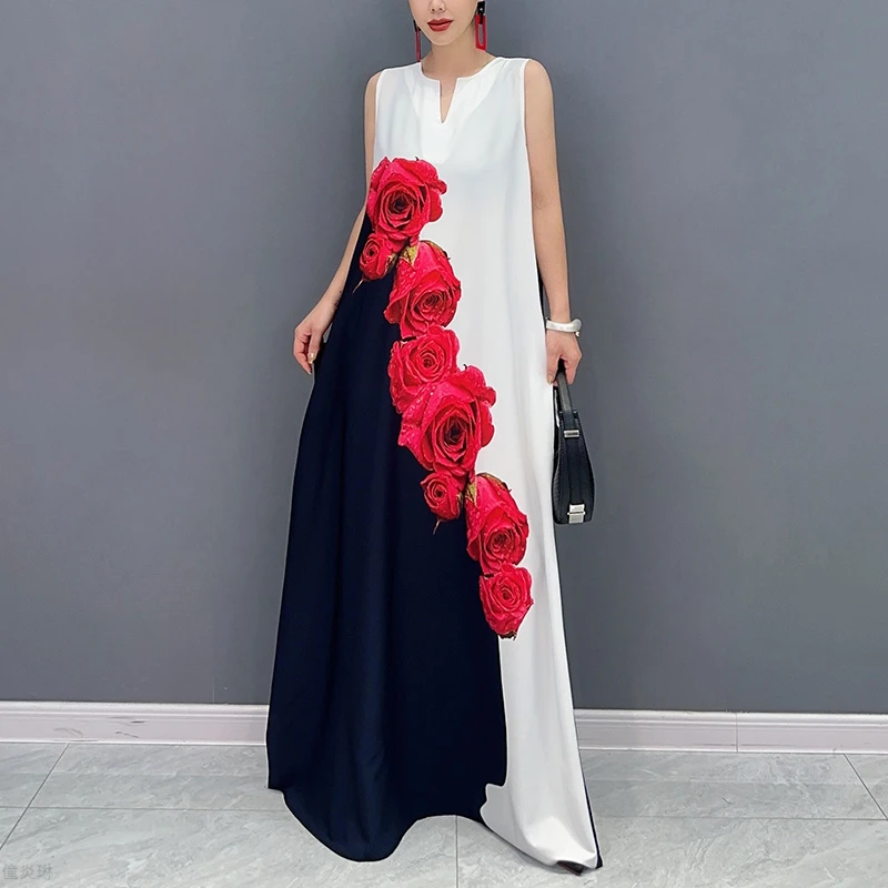 哥弟阿玛施正2025春夏新款韩版气质玫瑰花朵印花A字领无袖背心连