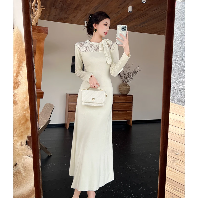 La Chapelle/拉夏贝尔系带蕾丝针织秋冬长裙女装2025新款连衣裙