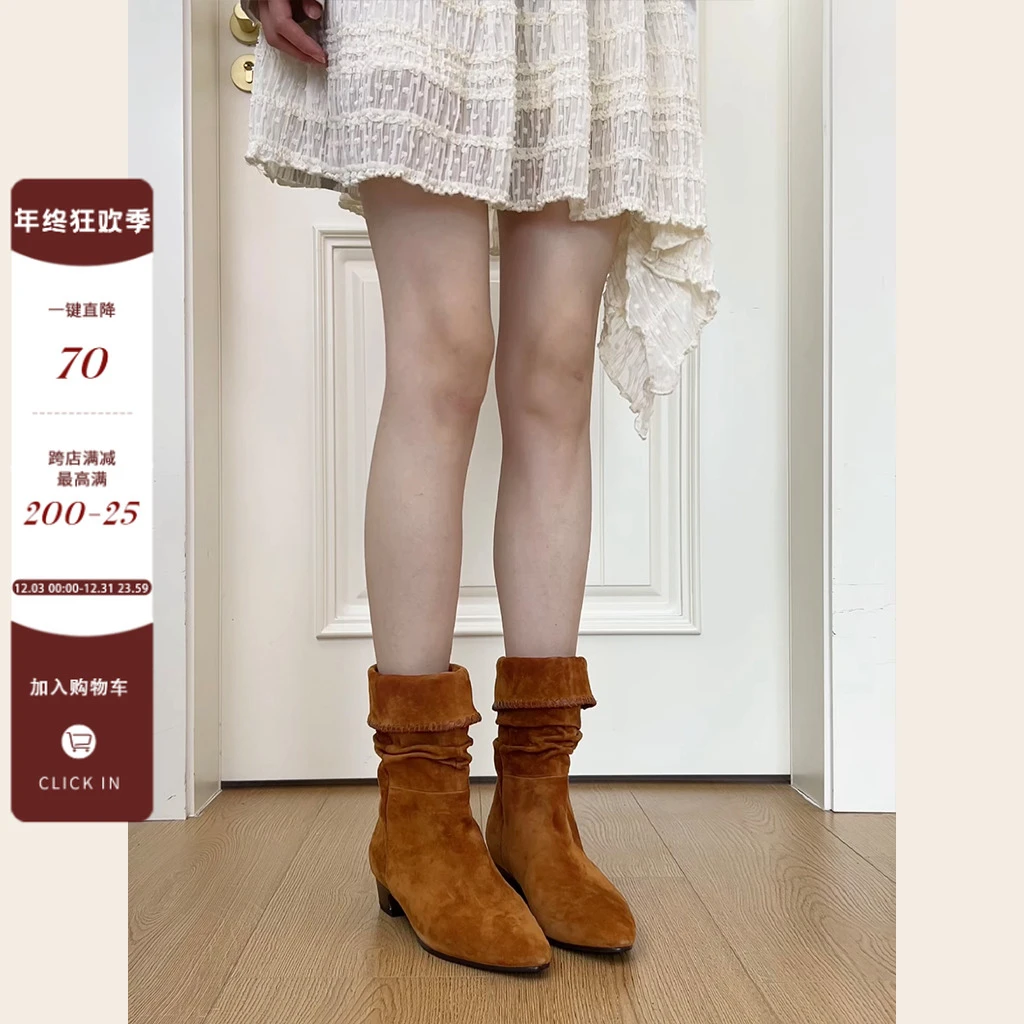 Dannyfrey新款羊反绒复古时尚女套筒显瘦堆堆西部牛仔短靴3.5CM