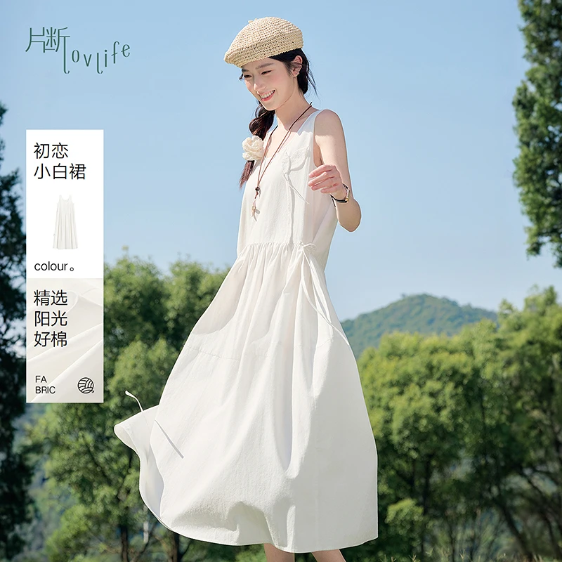 片断白色连衣裙女2025夏季新款无袖文艺漂亮长裙大方得体的裙子