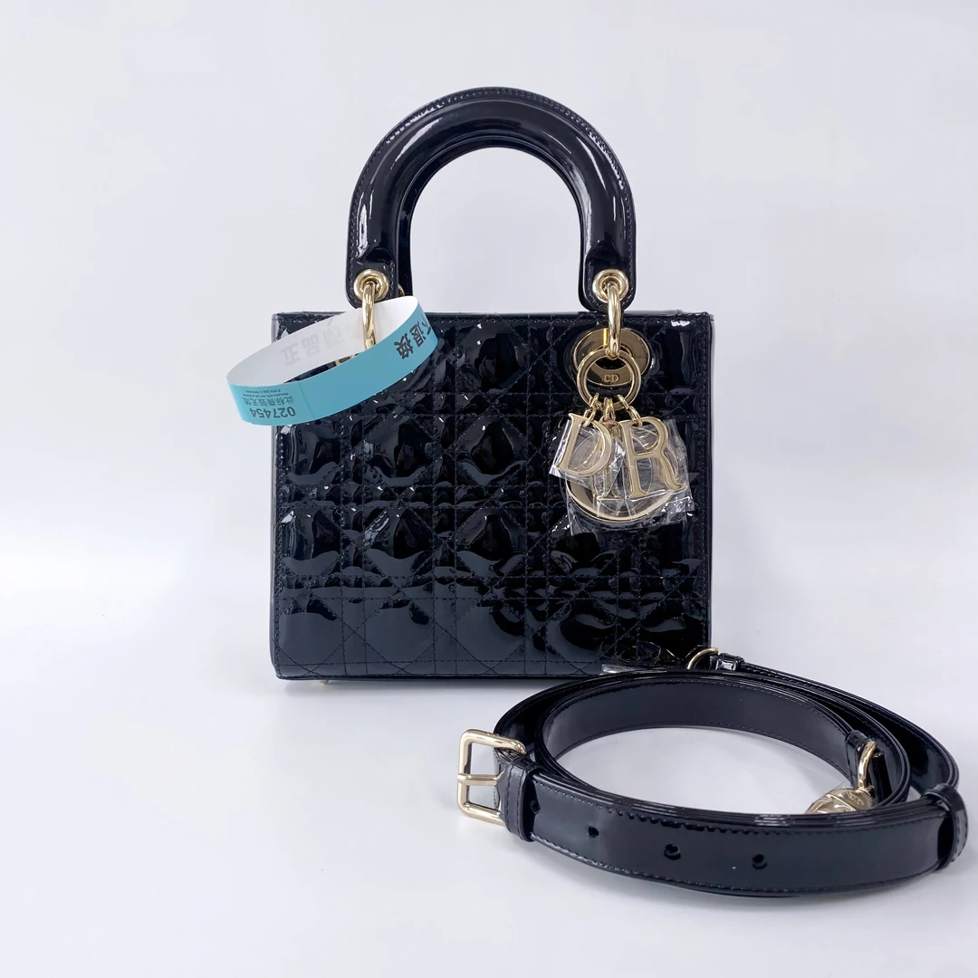 99新 DIOR/迪奥 99新 黑色金扣四格亮皮戴妃手提斜挎包