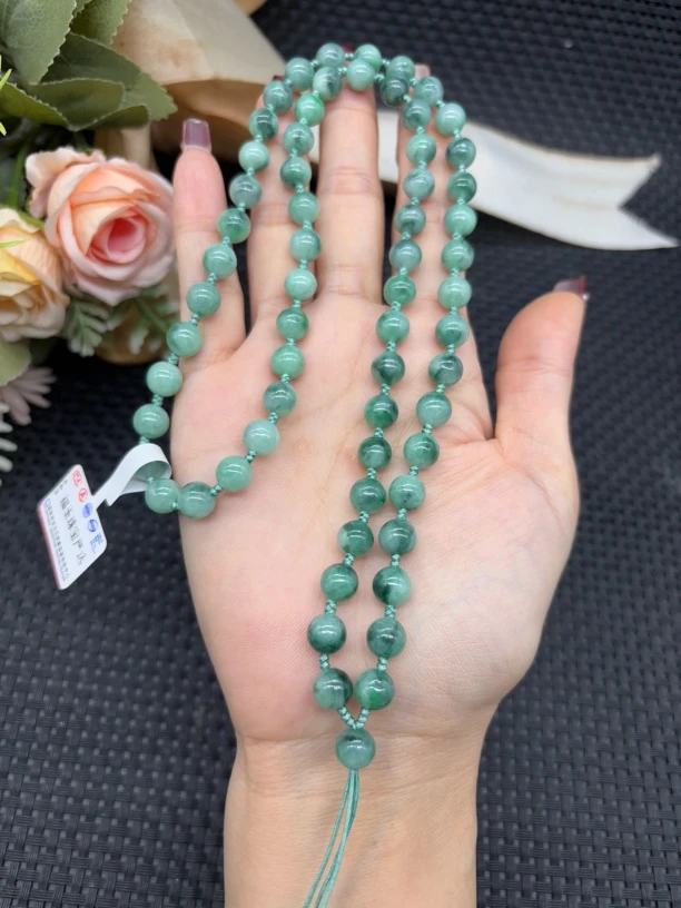 福利天然缅甸A货翡翠老坑冰飘花圆珠7mm玉石挂件绳毛衣链长链项链