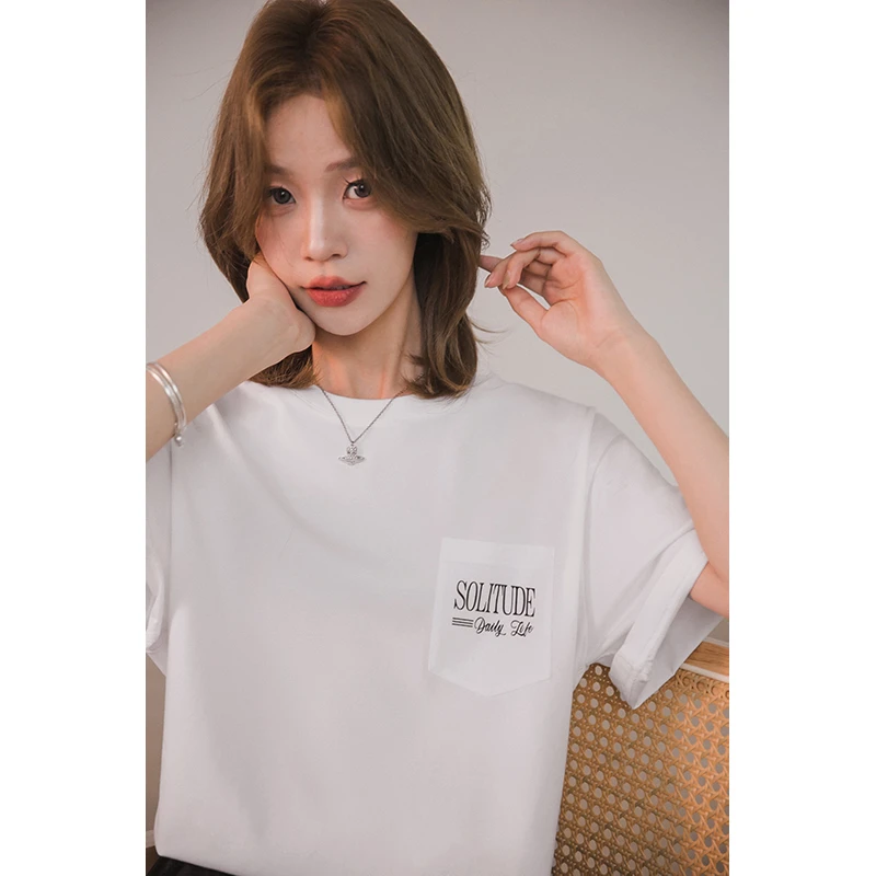 小谷粒短袖t恤女2025年夏季新款落肩袖圆领白色字母印花薄款上衣