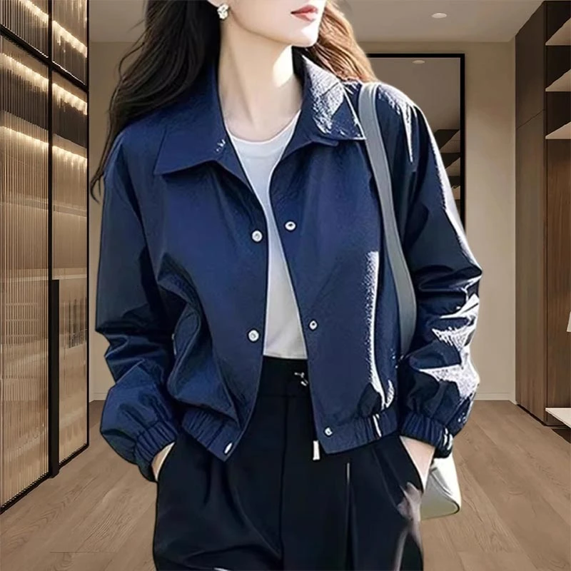 蓝色复古风短款2025年春秋季新款外套女百搭长袖上衣纯色韩式爆款