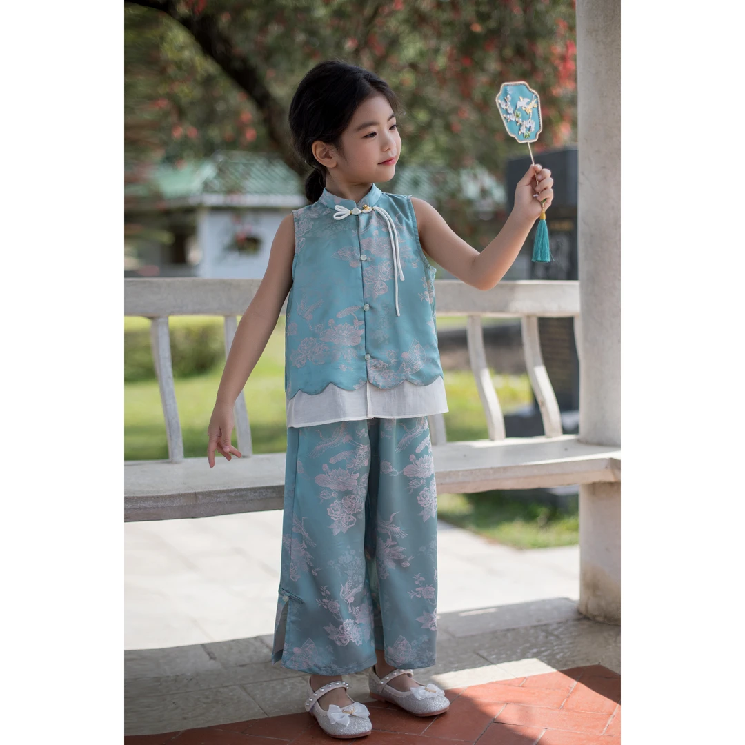 {冰透烟蓝}童一密度2025夏季新中式风女童套装T099