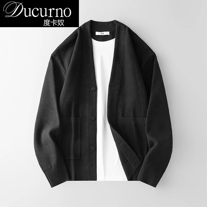 秋季假两件V领针织开衫外套男士慵懒风宽松休闲外穿毛衣厚实上衣