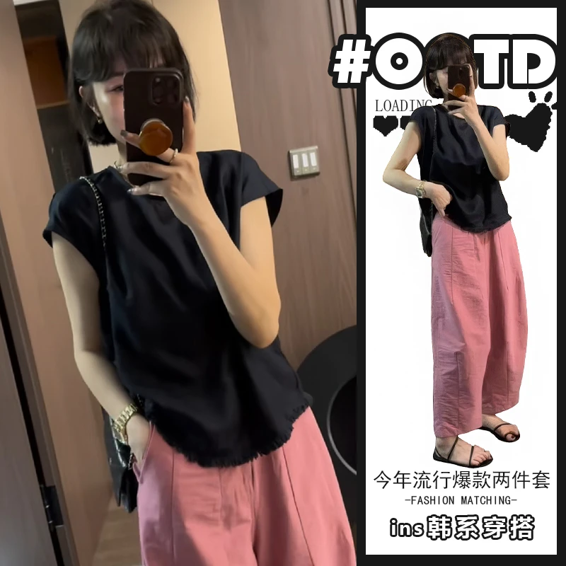 网红炸街套装女夏季2025新款黑色短袖上衣高腰阔腿休闲裤两件套潮