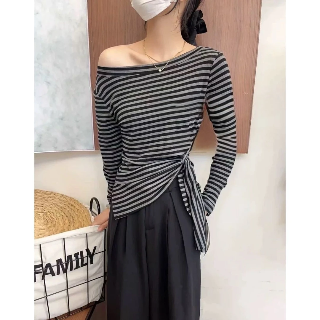 (斜肩长袖T)秋季新款下摆不规则开叉收腰显瘦百搭斜肩长袖T恤