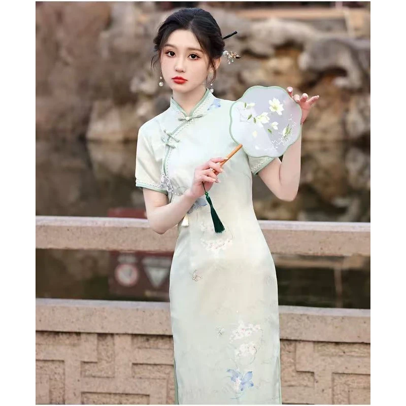 0498绿色【鸢尾花】带流苏小个子145-155旗袍