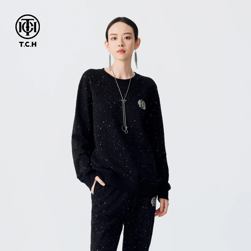 TCH轻奢秋季时尚慵懒风黑色烫钻卫衣男女情侣装圆领长袖上衣休闲