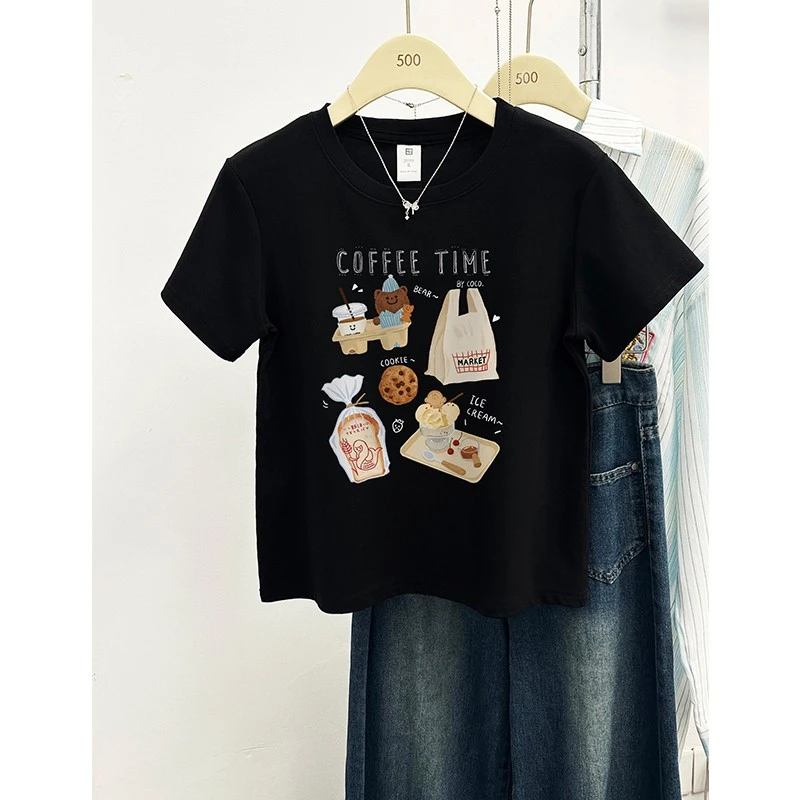 韩系慵懒风食物卡通字母印花短袖t恤女2025夏季新款宽松休闲上衣