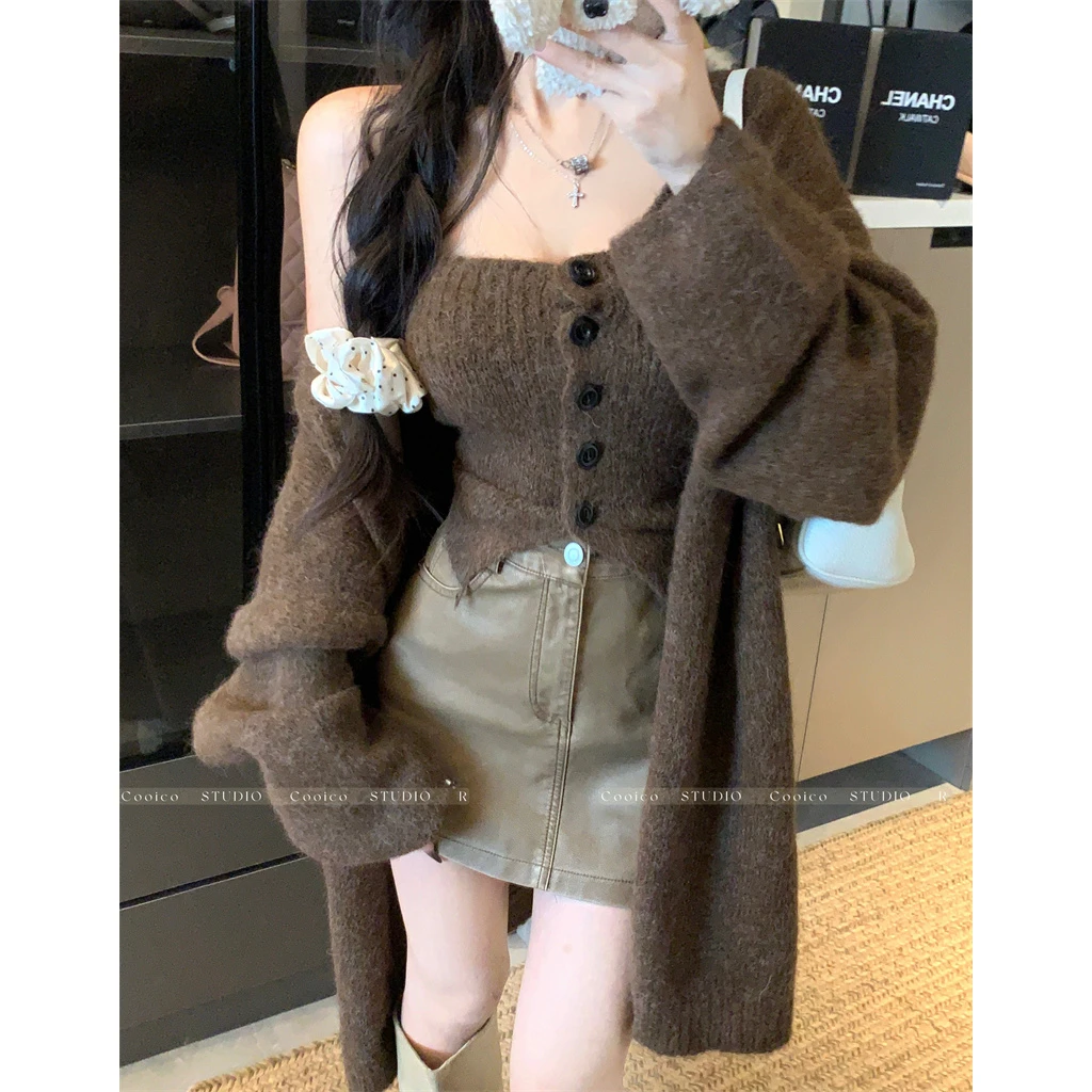 韩系慵懒风毛衣外套女秋季抹胸背心两件套超好看宽松针织开衫上衣