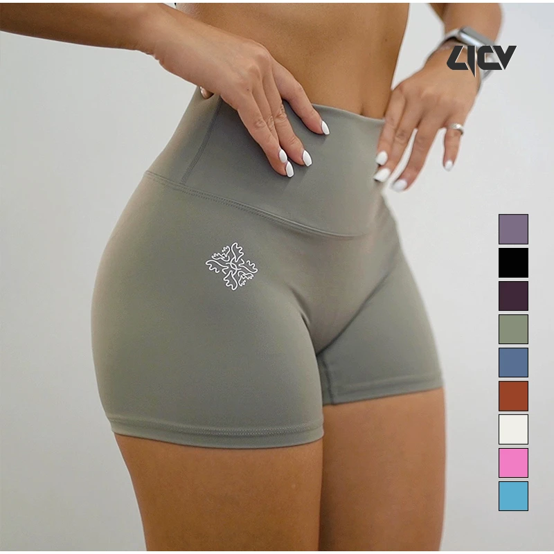 LICV女款双小标三分短裤瑜伽短裤中高腰弹力健身修身运动短裤