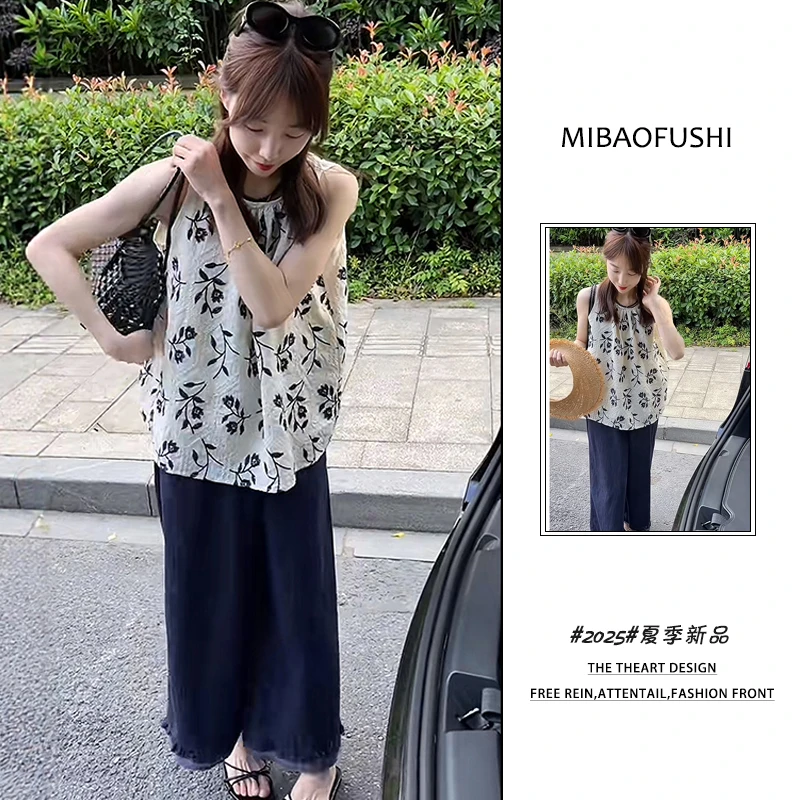 夏季穿搭一整套2025新款韩系刺绣无袖衬衫百搭阔腿裤两件套
