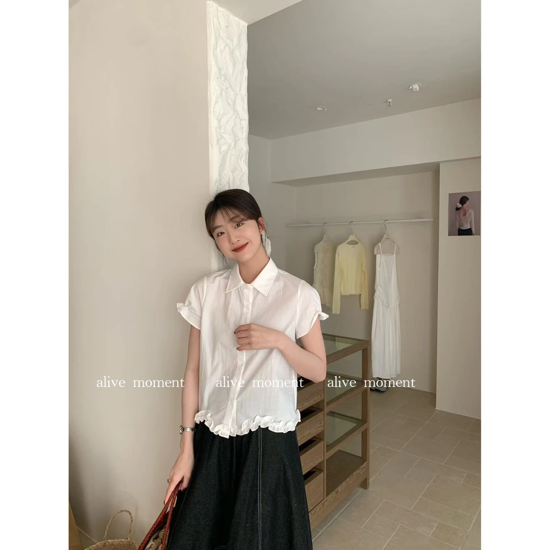 55617#韩系甜美气质木耳边拼接设计感百搭小衫