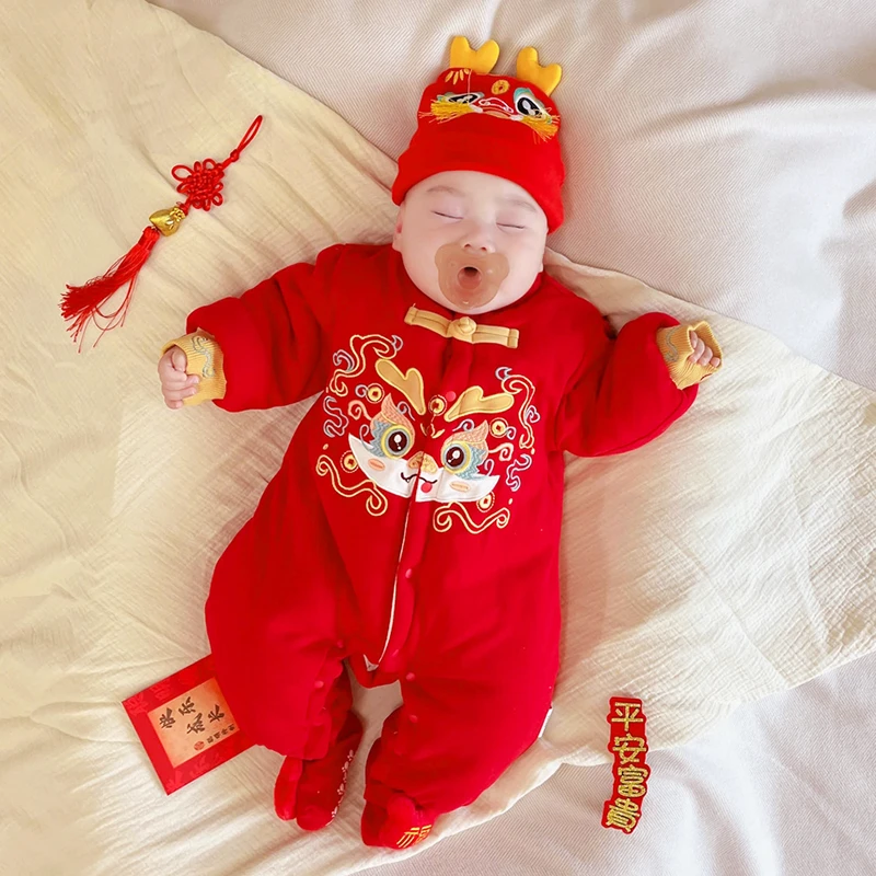 婴儿衣服冬季新年装加厚棉服龙年宝宝红色满月百天周岁抓周服