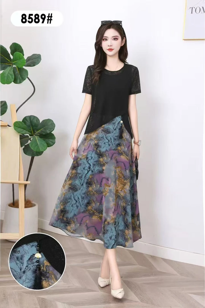 8589# 气质时尚套装显瘦长裙裙子新中式百搭轻熟两件套连衣裙