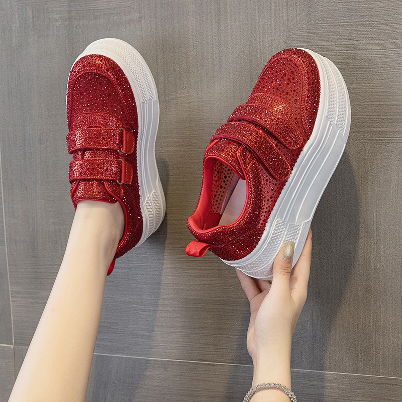 厚底学院风百搭休闲阿甘鞋女2025夏季新款水钻魔术贴镂空板鞋