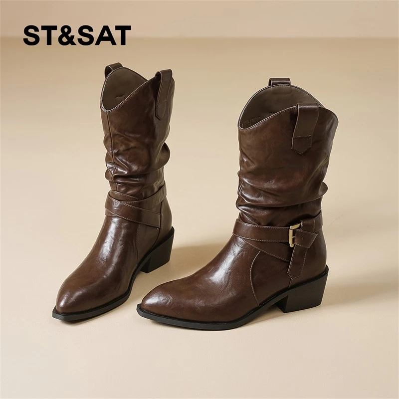 星期六棕色时装靴女2025秋季新款复古风褶皱骑士靴粗跟显瘦堆堆靴