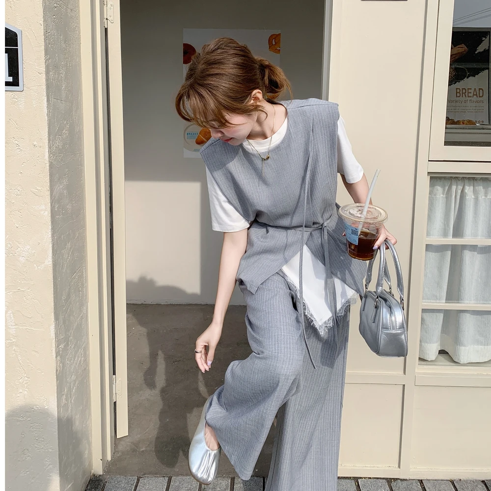 韩系通勤风套装裤夏季女2025新款时尚氛围感马甲T恤阔腿裤三件套