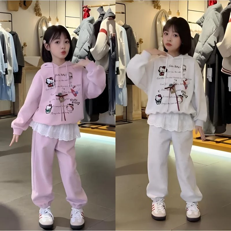 2025春秋新款女童中大童可爱洋气卡通猫咪卫衣蕾丝花边卫裤套装