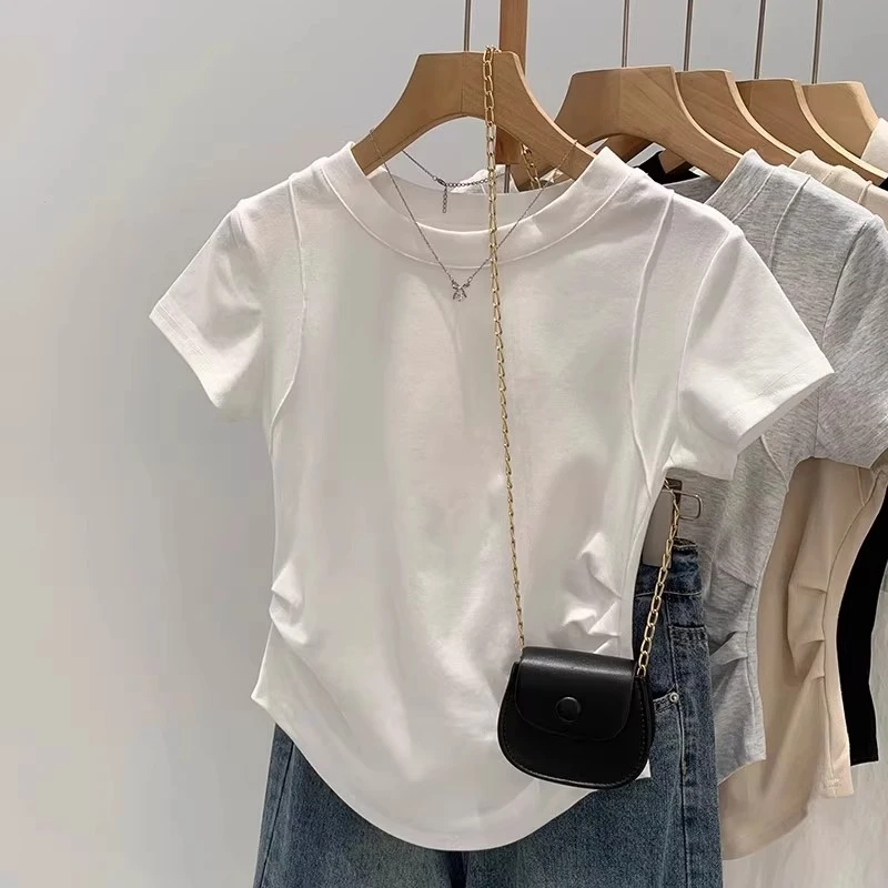 时尚别致圆领鱼骨显瘦短袖t恤衫2025夏季显瘦高腰设计感白色上衣