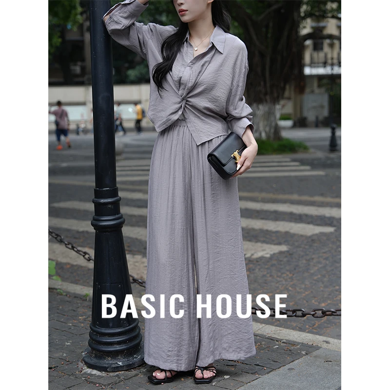 Basic House/百家好CSM时尚设计感百搭长袖衬衣高级阔腿裤套装女