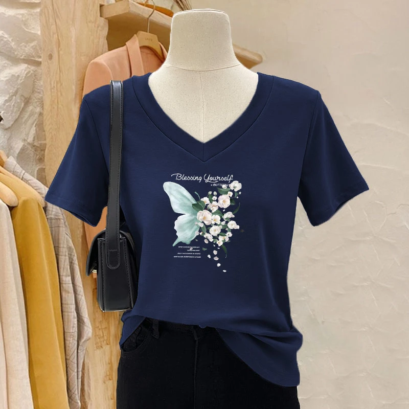 100%纯棉设计感洋气V领女士t恤夏季薄款小众短袖新款印花韩版上衣