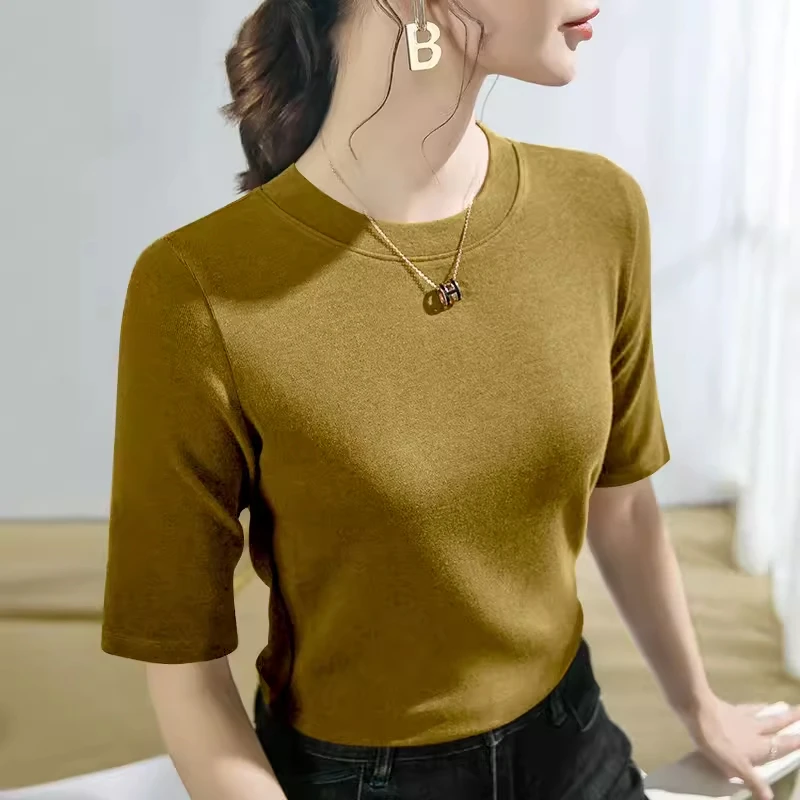 【现货速发】黑色小立领打底衫女中袖百搭显瘦新款春夏五分袖上衣女